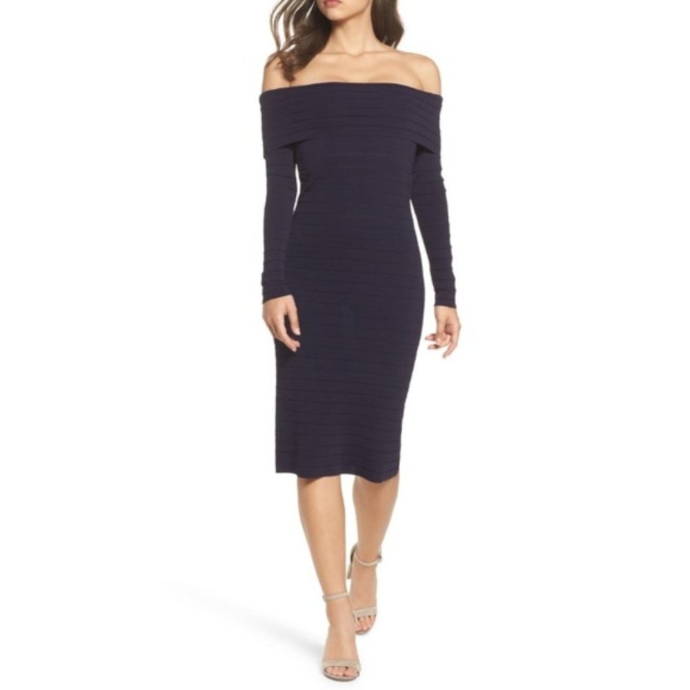 NEW Eliza J Navy Off The Shoulder Midi Dress Size XS